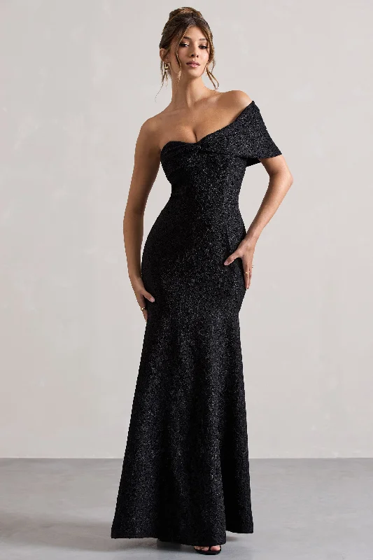 Grand Opening Sale Masquerade | Black Lace Twisted Bardot Maxi Dress