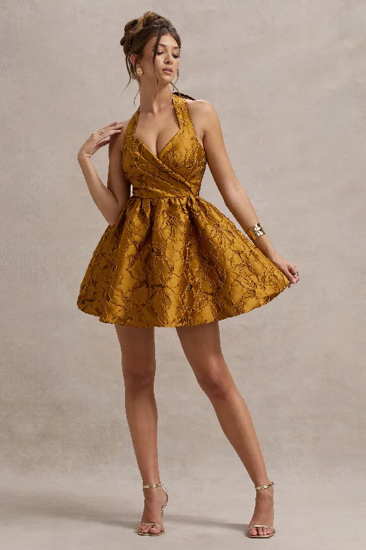Flash Sale Pixi | Mustard Floral Print Sweetheart Neck Mini Dress