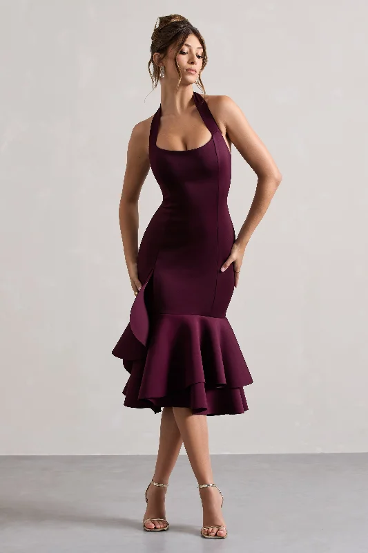 Sneak Peek Sale Arla | Plum Halter-Neck Ruffle Trim Midi Dress