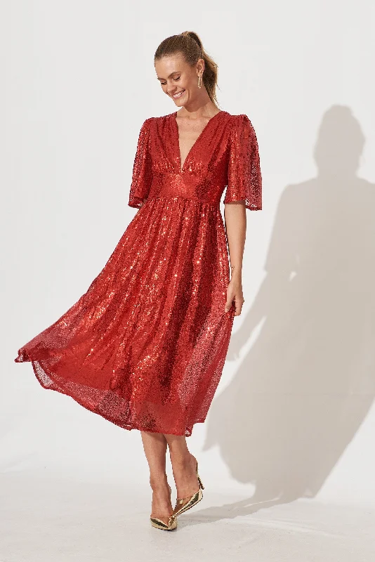 Limited Availability Livorno Midi Dress In Red Sequin