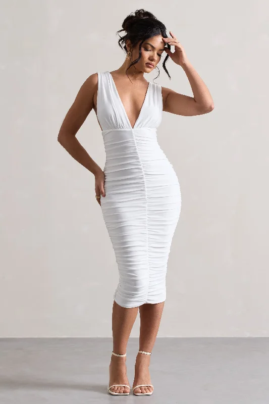 Bonus Savings Attract | White Ruched Plunge-Neck Midi Dress