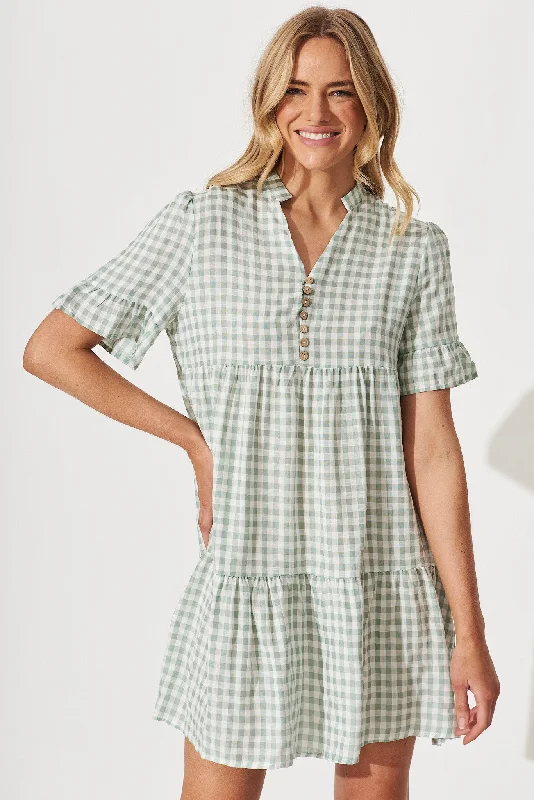 Today's Special Danna Smock Dress In Green And White Gingham Cotton Blend