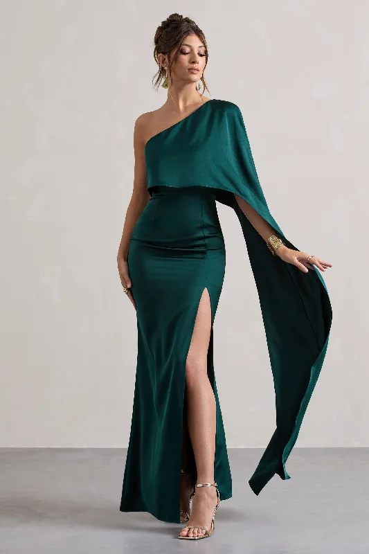 Closeout Amora | Bottle Green Satin Asymmetric Cape-Sleeve Split Maxi Dress