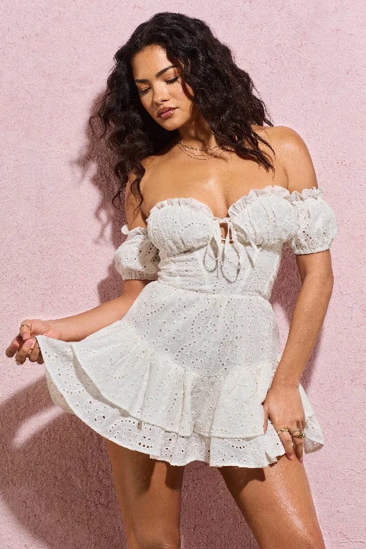 Special Savings Rowena | White Broderie Bardot Ruffled Playsuit