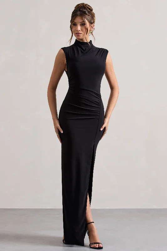 Early Bird Discount Lanetta | Black Ruched High-Neck Maxi Dress With Split