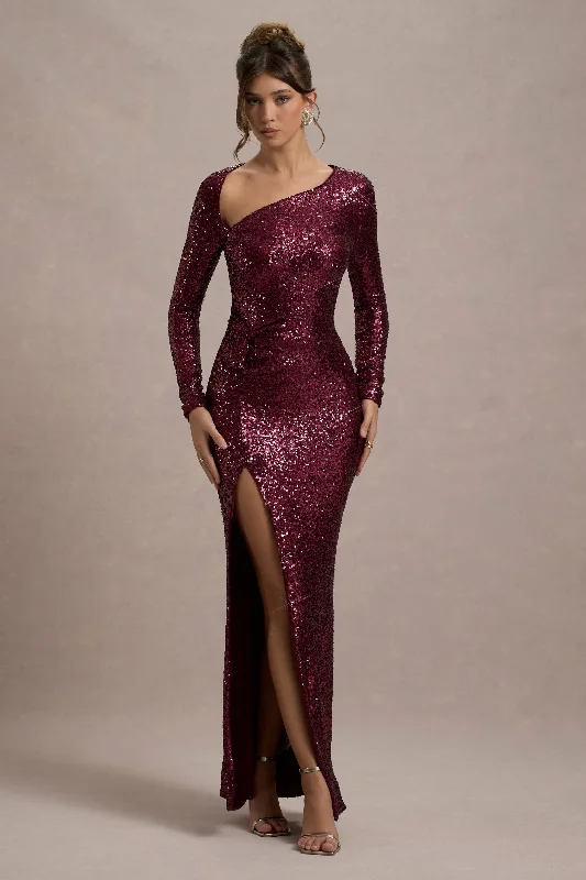 Can't Miss Remarkable | Burgundy Sequin Long-Sleeved Twisted Maxi Dress