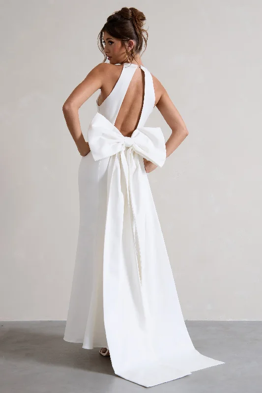 Daily Deals Bestow | White Open-Back Maxi Dress With Oversized White Bow