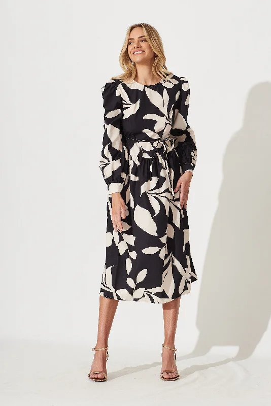 Price Meltdown Caen Midi Dress In Black With Cream Floral Cotton Blend