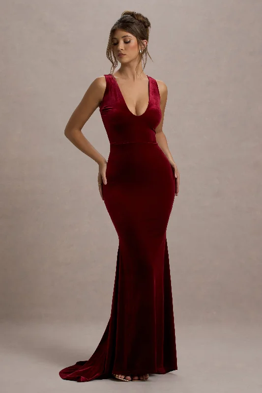 Price Rollback Elisabetta | Berry Velvet Plunge-Neck Fishtail Maxi Dress