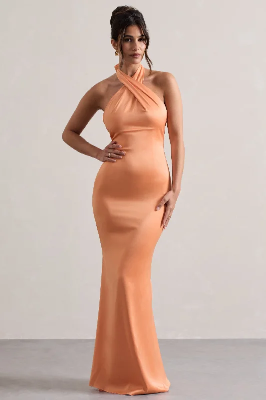 Super Sale Unbeatable | Peach Satin Cross Over Halter-Neck Maxi Dress