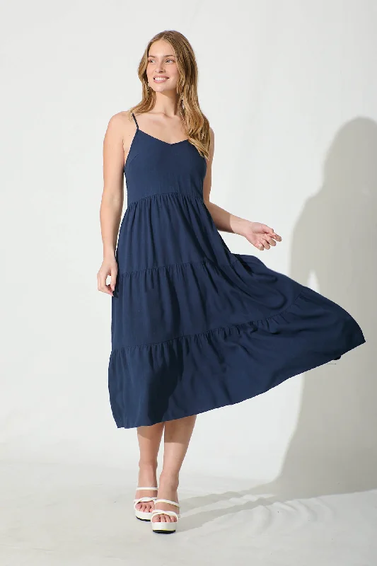 Online Specials Utopia Midi Sundress in Navy Linen Blend
