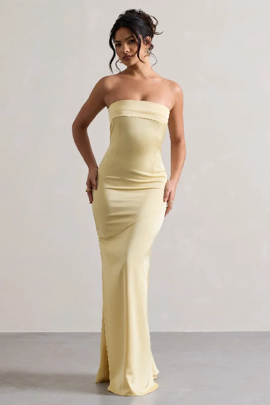 New Markdowns Colada | Lemon Satin Pleated Bandeau Maxi Dress