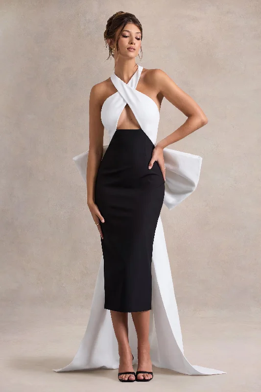 Don't Miss Blanca | Black & White Halter-Neck Cut-Out Midi Dress With Oversized Bow