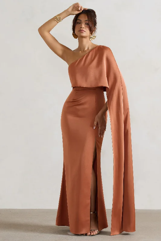 Deep Discounts Amora | Rust Satin Asymmetric Cape-Sleeve Split Maxi Dress