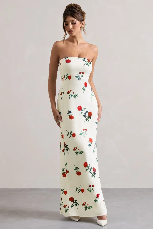 Discount Days Azra | Rose Print Satin Bandeau Maxi Dress