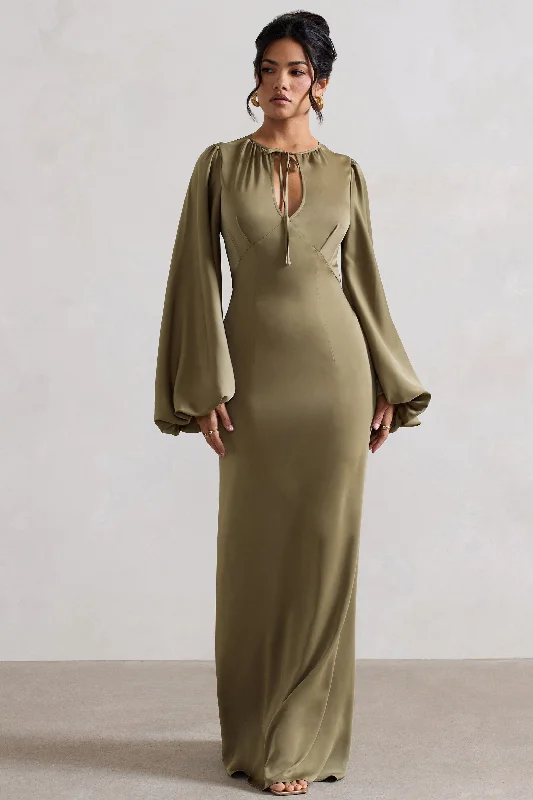 Discount Extravaganza Wild Rose | Olive Satin Puff-Sleeve Cut-Out Maxi Dress