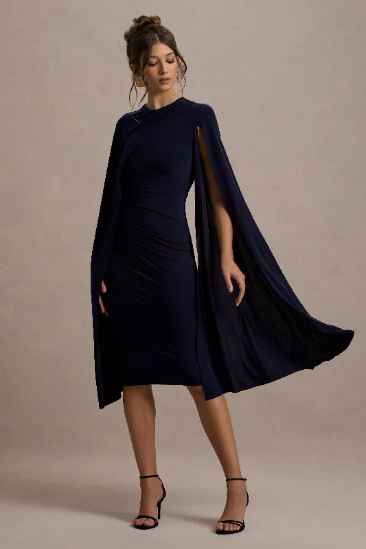 Low Prices Marysol | Navy Asymmetric Cape Midi Dress