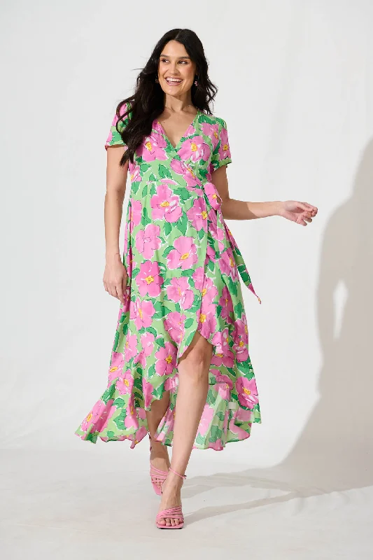 Exclusive Preview Naira Midi Wrap Dress in Green and Purple Floral