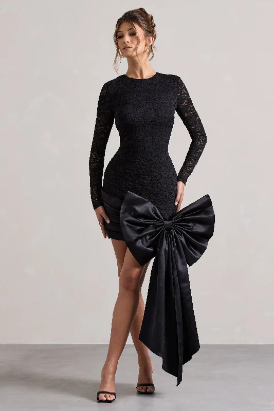 Mega Sale Evry | Black Lace Long-Sleeve Mini Dress With Oversized Satin Bow