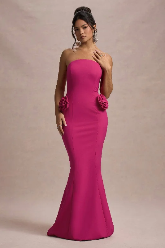 Price Drop Best Of The Best | Dark Pink Strapless Fishtail Maxi Dress With Corsages