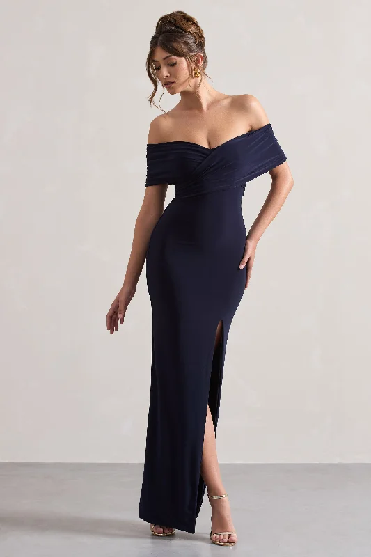 Act Fast Refined | Navy Twist Front Bardot Maxi Dress