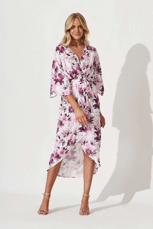 Loyalty Reward Joyful Dress In White With Pink Floral Satin