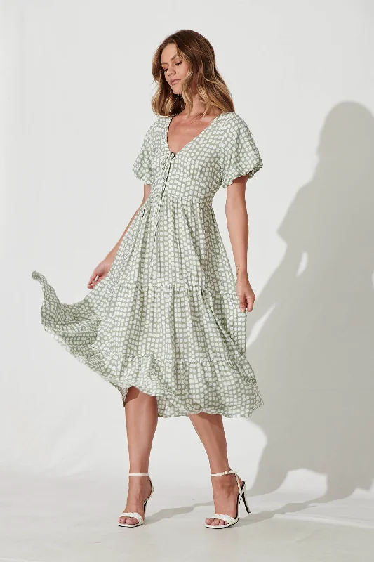Steals and Deals Julia Midi Dress In Green With White Polka Dot