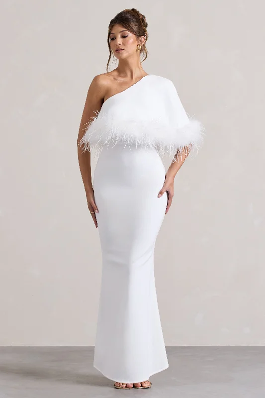 Mega Sale Valor | White Asymmetric Maxi Dress With Feather Trim
