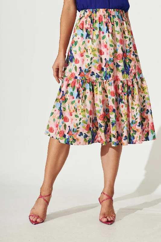 Great Bargains Paradise Midi Skirt In Pink With Multi Watercolour Floral Cotton