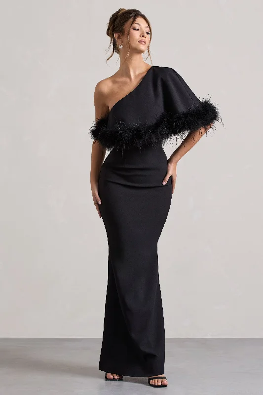 Closeout Valor | Black Asymmetric Maxi Dress With Feather Trim