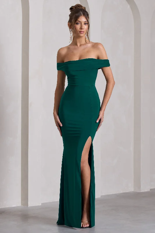 Midnight Madness Law of Attraction | Bottle Green Bardot Draped Split Maxi Dress