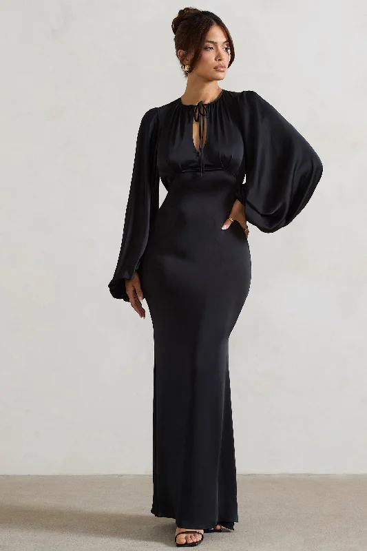 Price Fest Wild Rose | Black Satin Puff-Sleeve Cut-Out Maxi Dress
