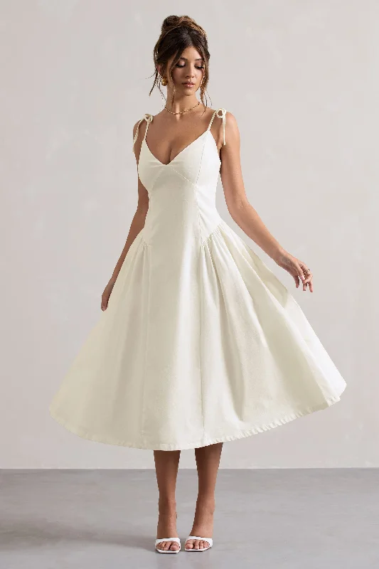 Online Only Breathless | Cream Linen Strappy V-Neck Pleated Midi Dress