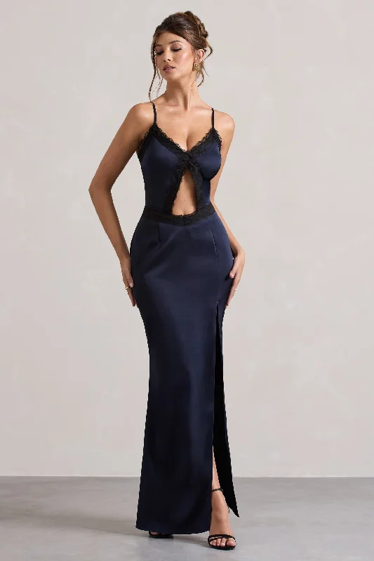 Price Rollback Brescia | Navy Satin Cut-Out Maxi Dress With Lace Trim