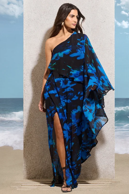 Don't Wait Ripple | Navy Floral Print Chiffon Oversized Asymmetric Maxi Dress