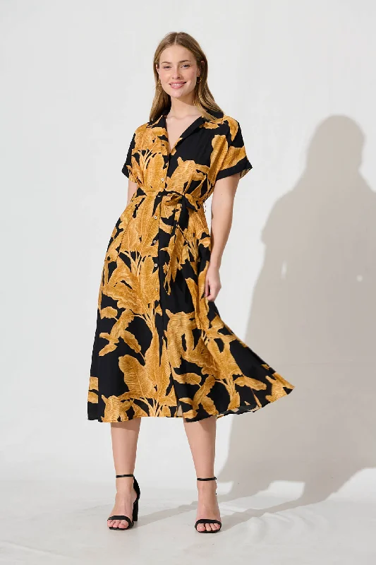 Price Cut My Love Midi Shirt Dress In Black And Rust Leaf Linen Blend