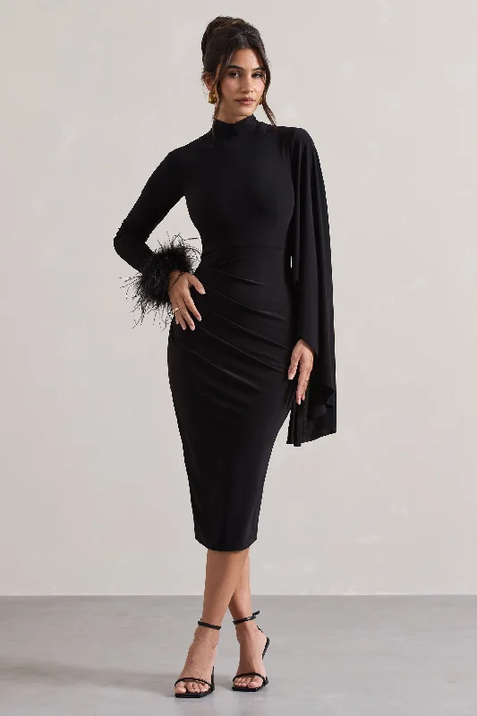 Bargain Bin Tamika | Black High-Neck Cape-Sleeve Midi Dress With Feathers