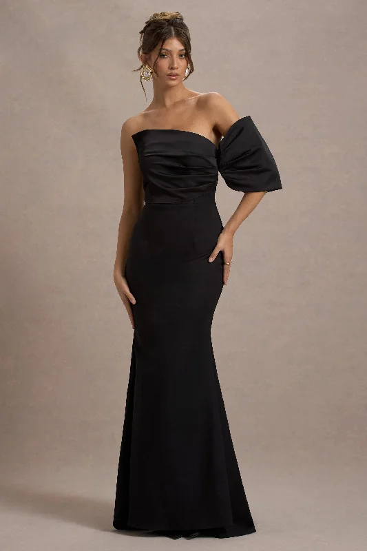 Deal Dash Rosora | Black Asymmetric One-Sleeve Fishtail Maxi Dress