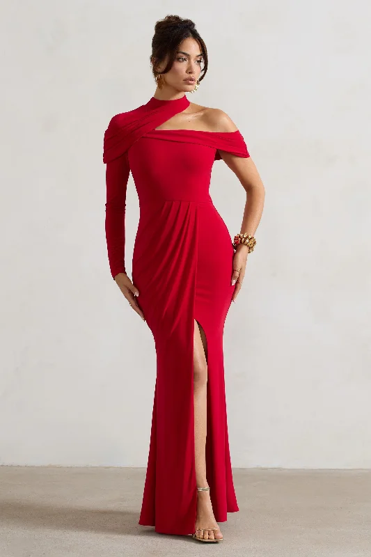 Today’s Deal Tyla | Red Asymmetric High-Neck Split Maxi Dress
