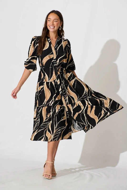 Deal Alert Vinnie Midi Dress In Black And Beige Leaf Cotton Blend