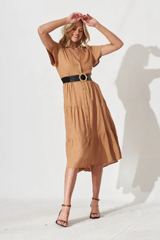 Can't Be Beat Marvela Midi Shirt Dress In Tan Linen Blend