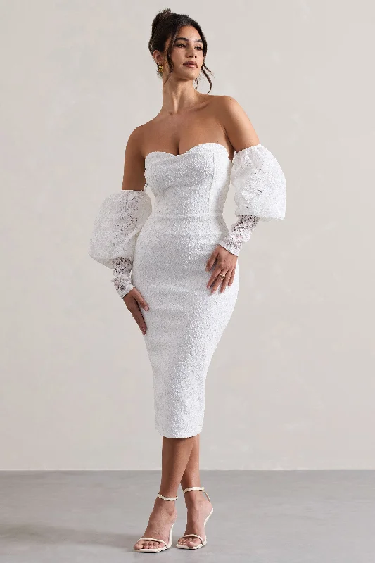 Anniversary Sale Mary | White Lace Bardot Puff-Sleeve Midi Dress