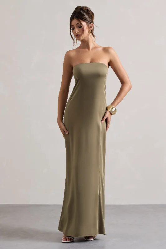 Savings Event Azra | Olive Satin Bandeau Maxi Dress