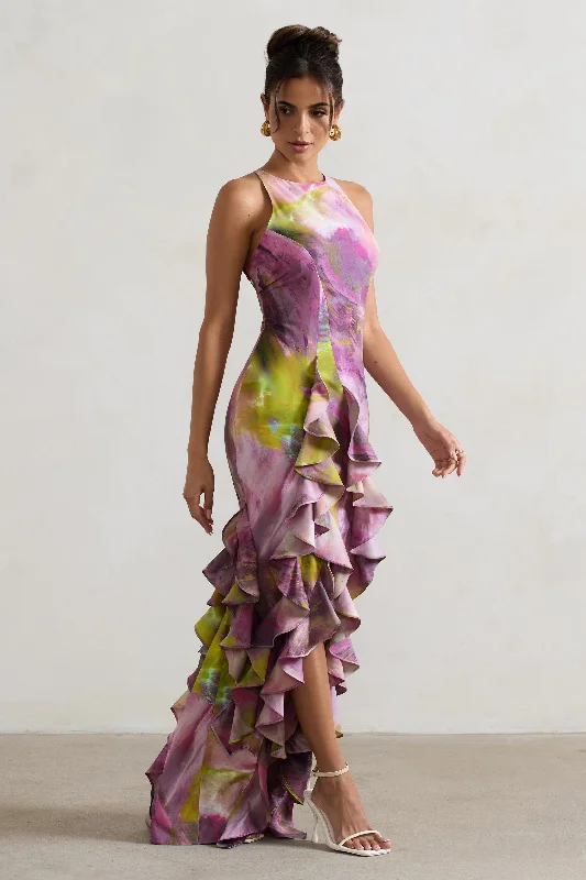 Closeout Sale Sommer | Lilac Print Racer-Neck Ruffle Maxi Dress
