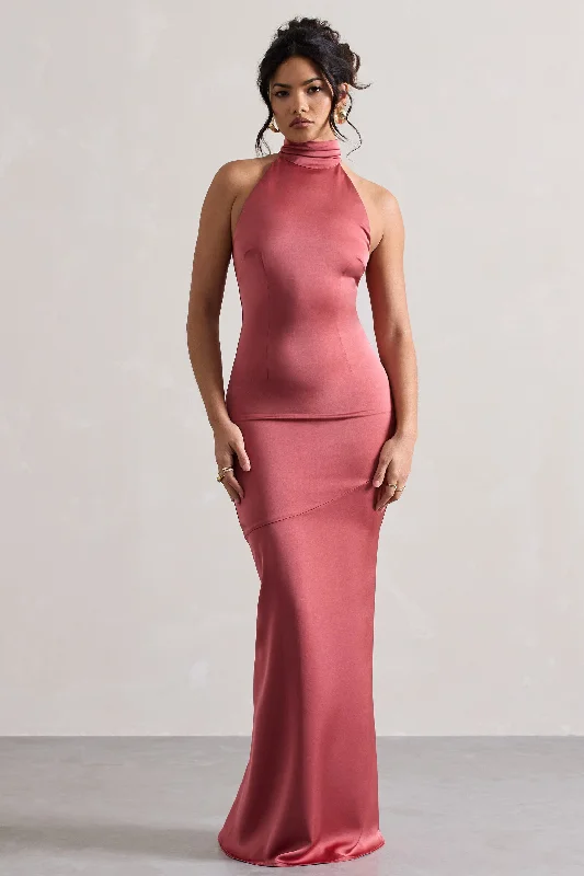 Limited Edition Adoria | Vintage Berry Satin High-Neck Maxi Dress