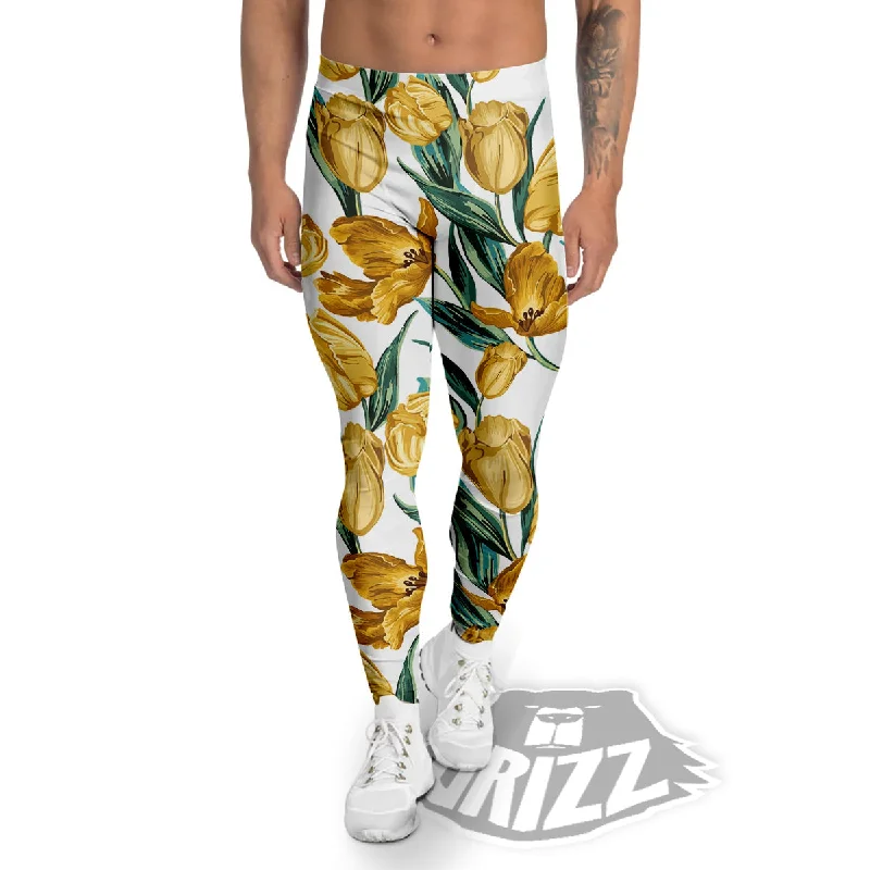Final Clearance Floral Tulip Yellow Print Pattern Men's Leggings