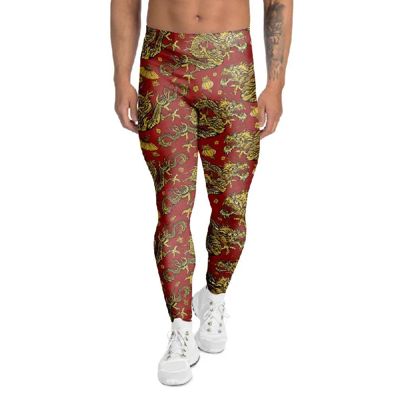 Fantastic Offers Golden Chinese Dragon Floral Print Men's Leggings