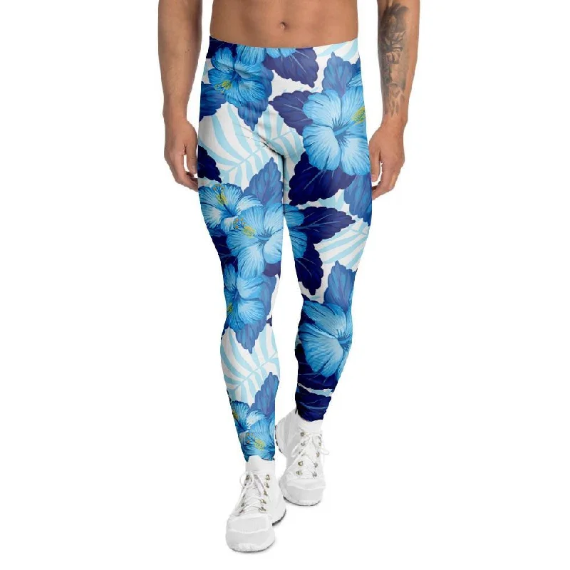 Super Sale Hibiscus Blue Hawaiian Print Men's Leggings