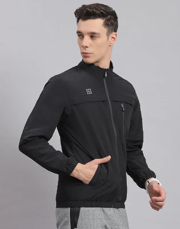 Season Finale Sale Men Black Solid Stand Collar Full Sleeve Jacket