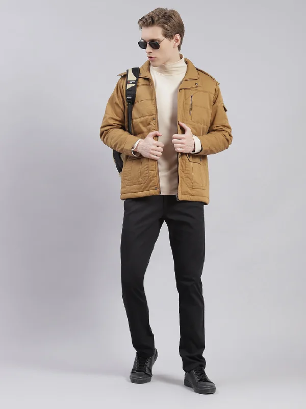 Deal Alert Men Brown Solid Hooded Full Sleeve Jackets